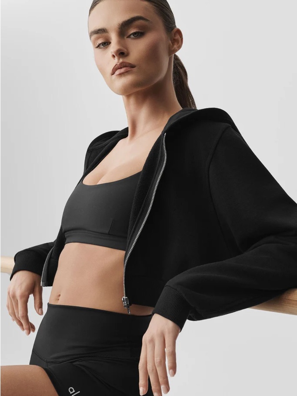 ALO Yoga Black Cropped sweet escape  Zip Hoodie